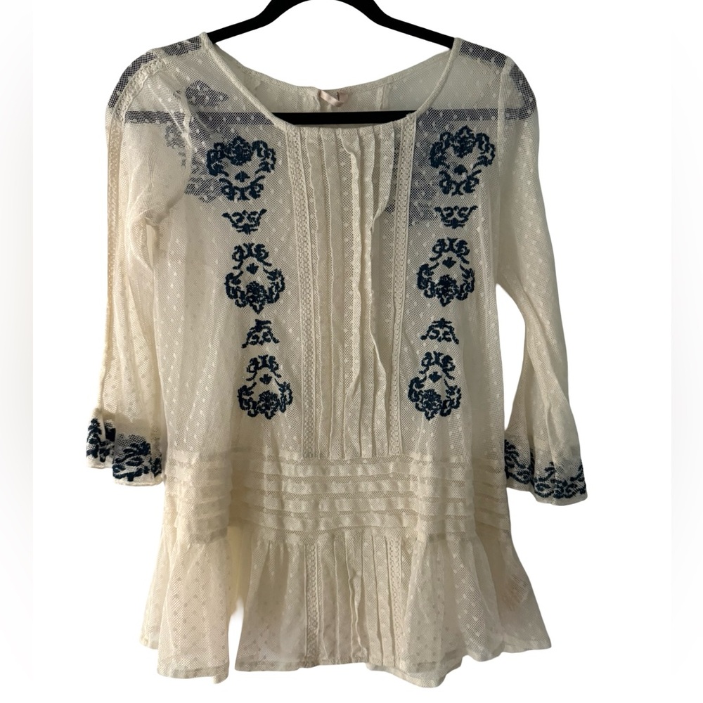 Free People Boho Lace Peplum Top Ivory Navy Embroidered Sheer Blouse XS